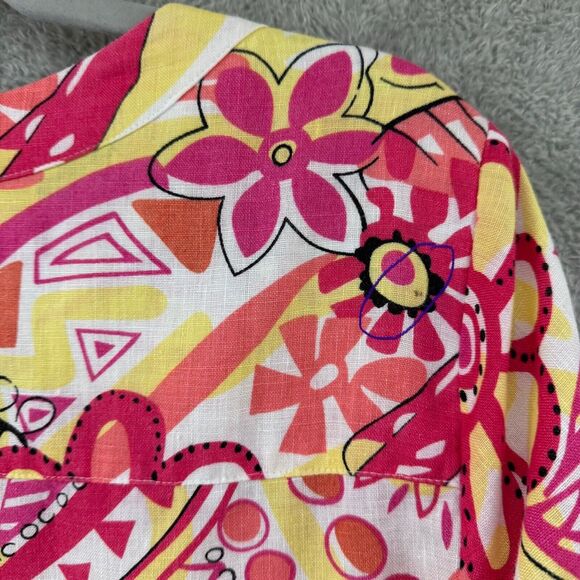 Choices Top Women M Floral Orange Yellow Linen Pullover 3/4 Sleeves Notch Neck - Picture 14 of 14